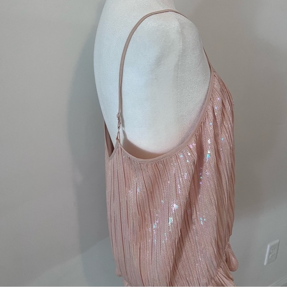Anthropologie Powder Pink Sequin Spaghetti Strap Ruffle Hem Blouse |S| - Picture 5 of 8